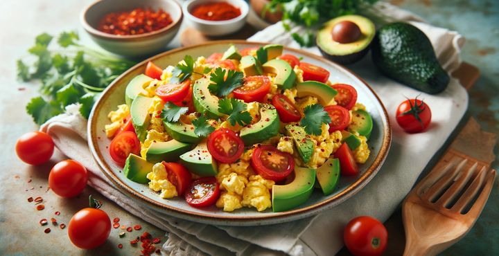 Oeufs brouillés aux tomates et avocat